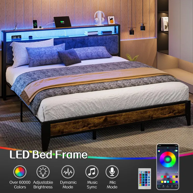 OLEVS Metal Platform Bed King Size with 2-Tier Storage